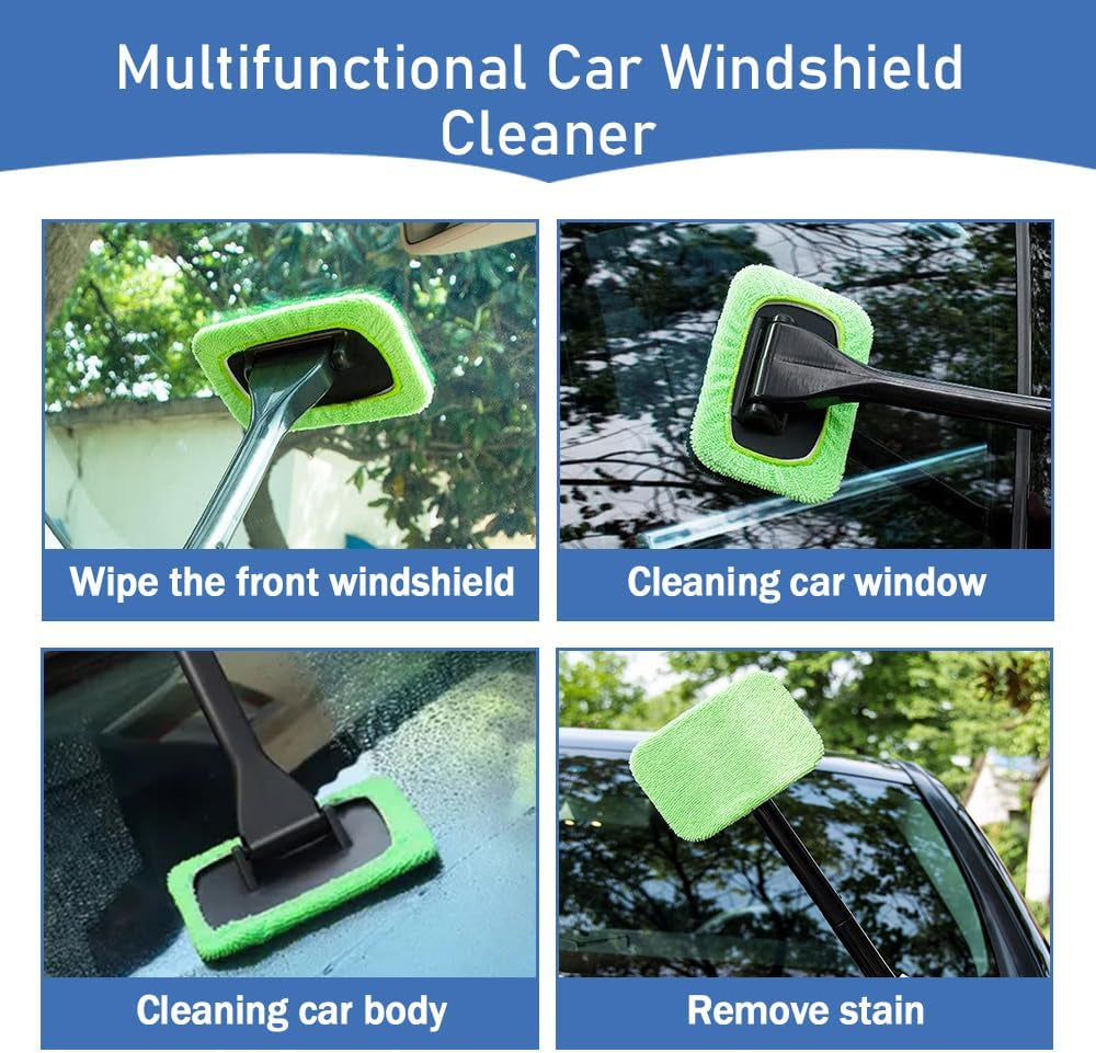 Car Windshield Cleaning Tool, Microfiber Window Cleaner with Long Handle & 4 Washable Reusable Cloth Pads, Auto Home Glass Wiper for Interior Exterior