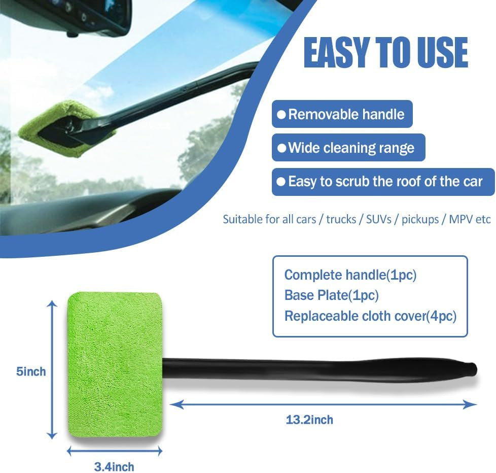 Car Windshield Cleaning Tool, Microfiber Window Cleaner with Long Handle & 4 Washable Reusable Cloth Pads, Auto Home Glass Wiper for Interior Exterior