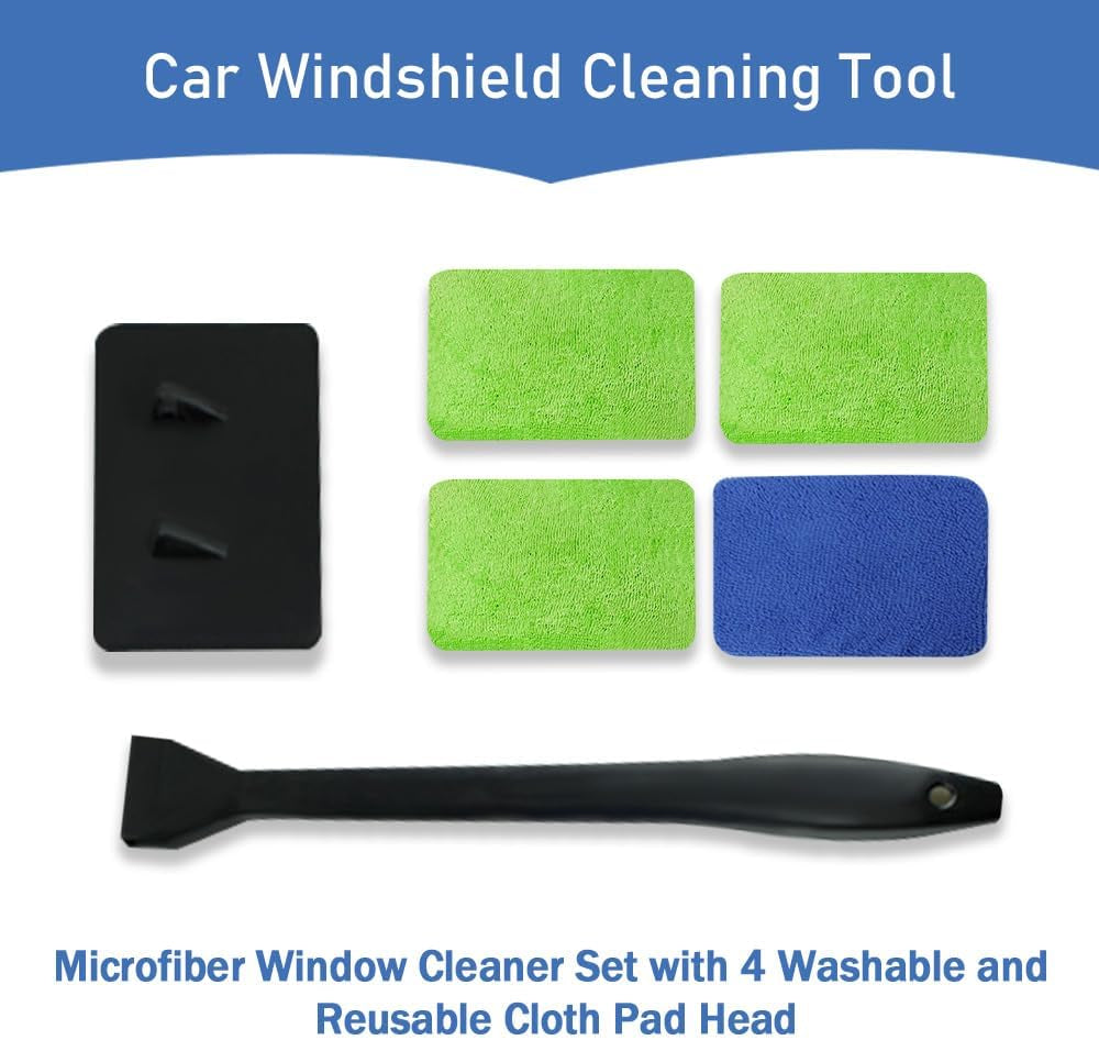 Car Windshield Cleaning Tool, Microfiber Window Cleaner with Long Handle & 4 Washable Reusable Cloth Pads, Auto Home Glass Wiper for Interior Exterior