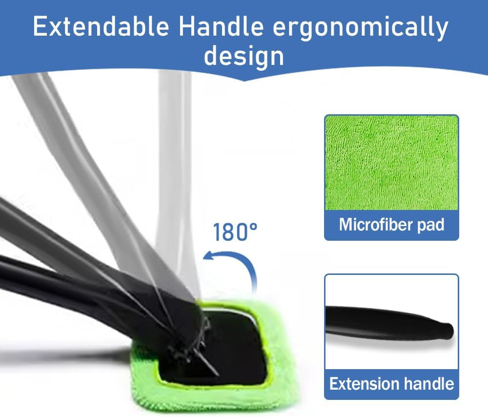 Car Windshield Cleaning Tool, Microfiber Window Cleaner with Long Handle & 4 Washable Reusable Cloth Pads, Auto Home Glass Wiper for Interior Exterior