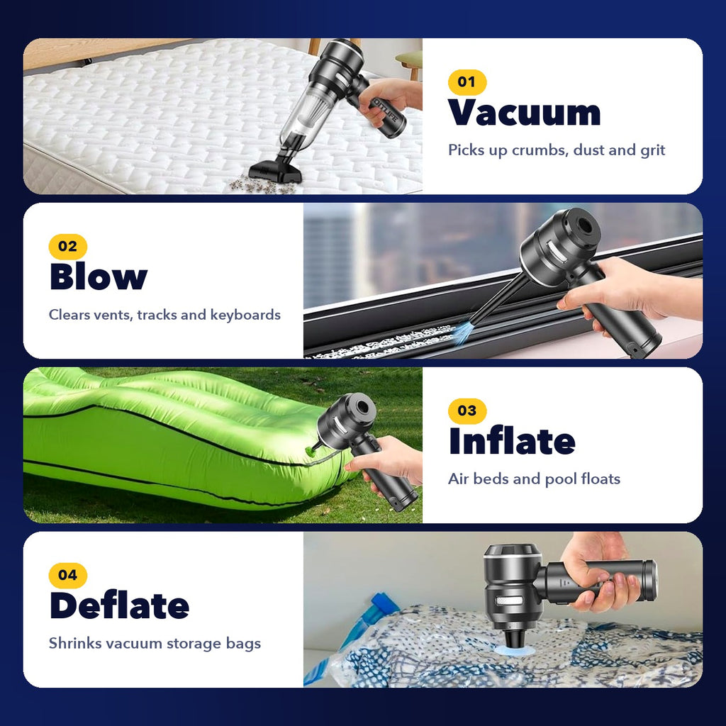 VeloVac four modes: vacuum, blow, inflate and deflate