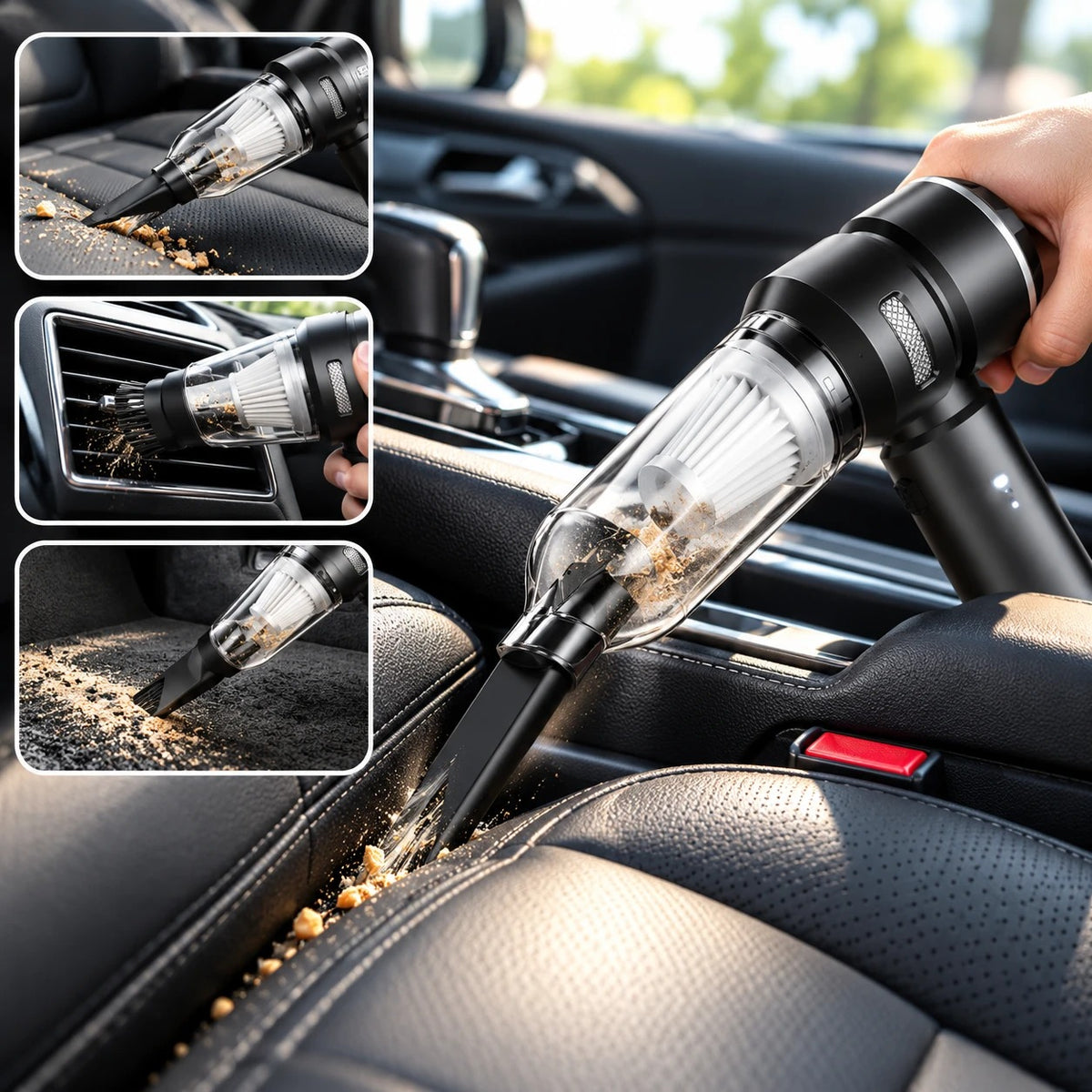VeloVac cordless car cleaner vacuuming crumbs between car seats