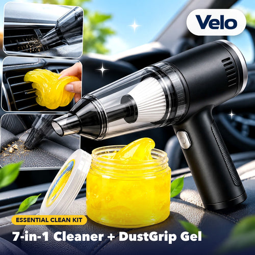 VeloVac Essential Clean Kit: 7-in-1 Cordless Car Cleaner with DustGrip Cleaning Gel